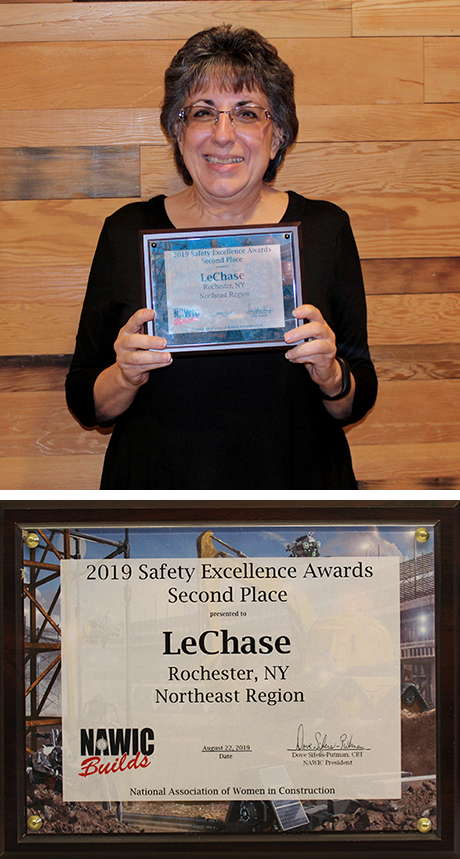 photo of Florence Indovina holding LeChase's Safety Excellence Award from NAWIC