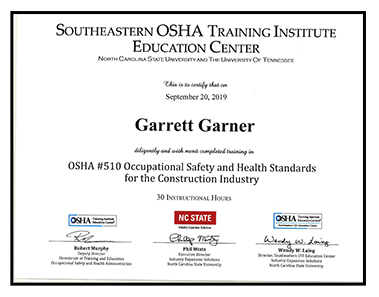 Sample of OSHA certificate earned by participants