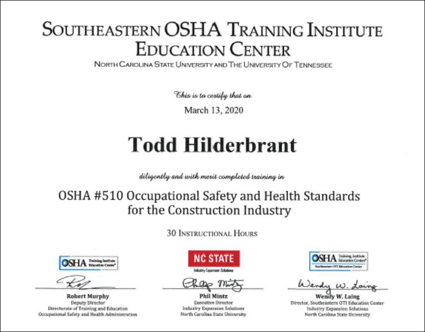 image of sample training certificate for OSHA 510 course