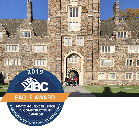 Exterior image of Crowell Quad with inset of Eagle Award logo.