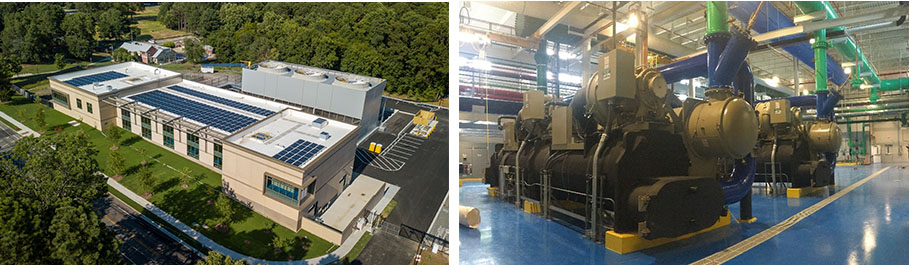 Duke Chiller Plant shown in aerial view along with a view inside the chiller bay
