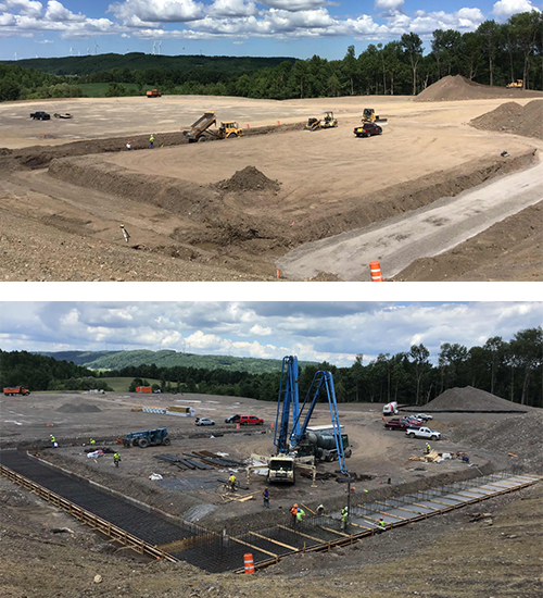 Photos showing progress on Madison County salt storage building from June to mid-July.