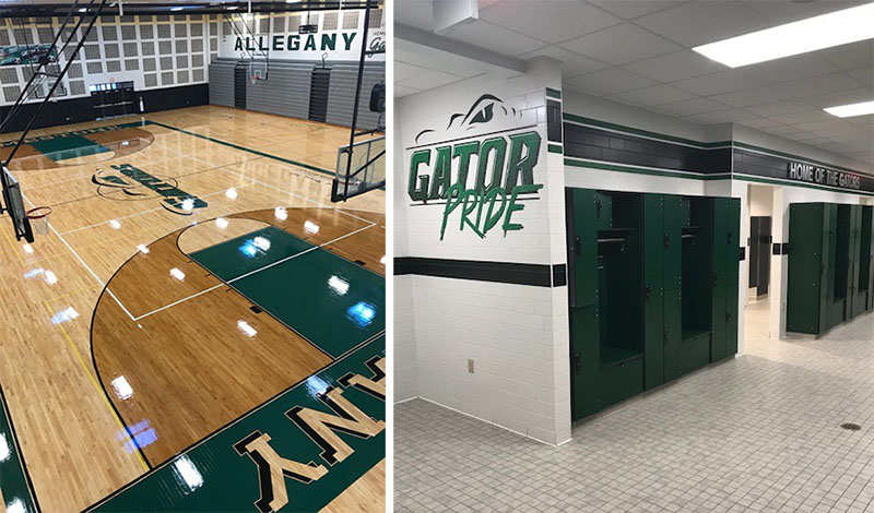 The refinished gym floor and locker rooms in the Allegany-Limestone middle/high school.