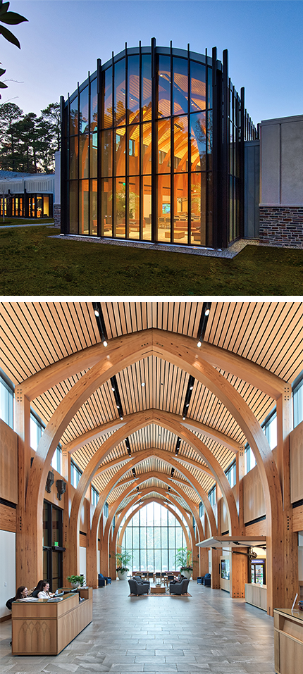 Image of exterior and interior of Karsh Center events hall.